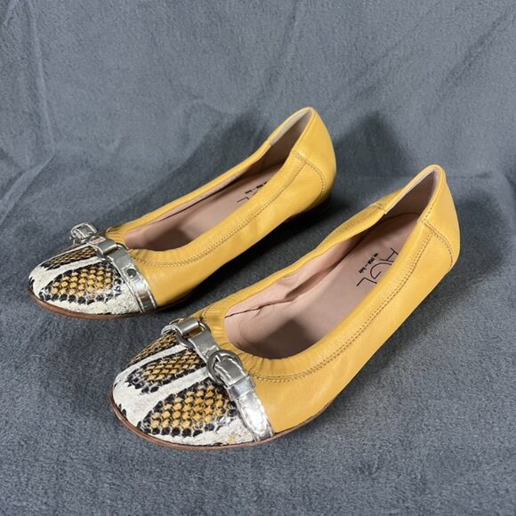 AGL Attilio Giusti Leombruni Yellow Snakeskin Cap Toe Ballet Flats 37 7 - Picture 2 of 6